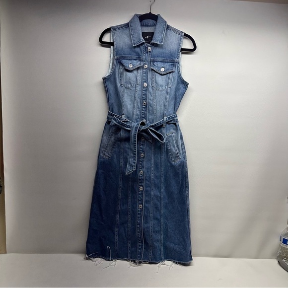 7 For All Mankind Trucker Sleeveless Denim Midi Dress | Small - Picture 2 of 10